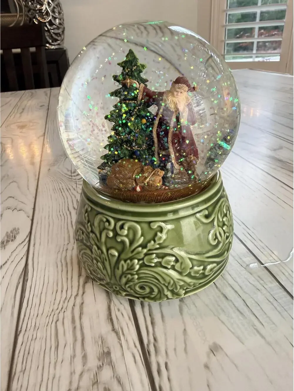 Rare Large 8” Santa Christmas Tree Snow Globe Glitter Green Holiday Decor